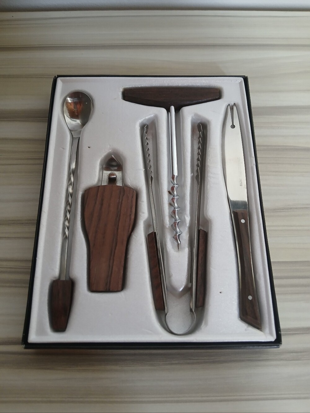 Vtg Mid-Century Modern Stainless Steel Rosewood 5 Piece Bar Set in Box Japan - Picture 5 of 9